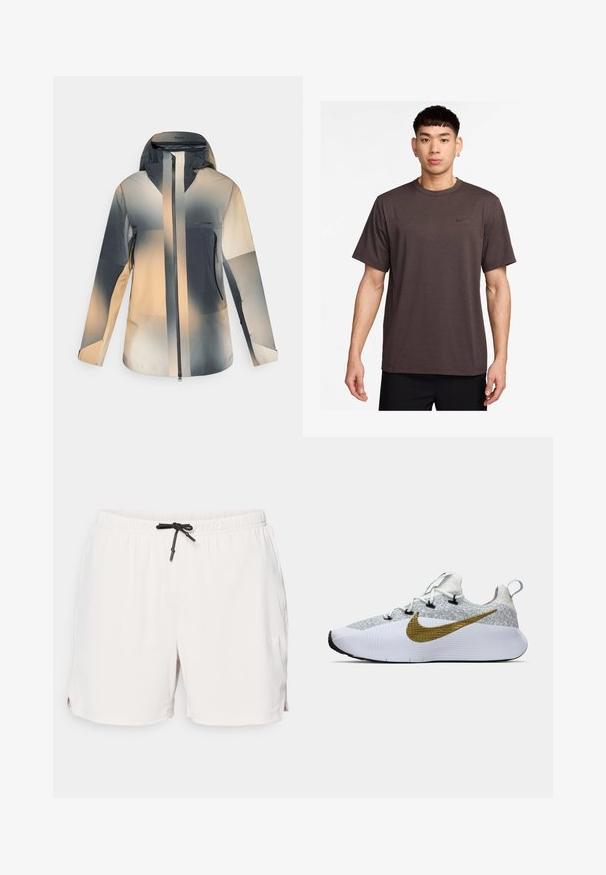 Veste d'extérieur à capuche avec fermeture éclair à l'avant, poches latérales zippées et blocs de couleurs dégradées dans des tons beige, gris et noir.; T-shirt à manches courtes marron foncé avec un col rond et un logo Nike noir sur la poitrine. Tissu léger avec une texture lisse.; Shorts de sport beige clair en tissu texturé, avec une taille élastique et un détail de cordon de serrage noir. Comprend des poches latérales.; Baskets de course blanches et grises avec un dessus texturé, grand swoosh Nike doré sur le côté, œillets noirs, semelle blanche et languette au talon.