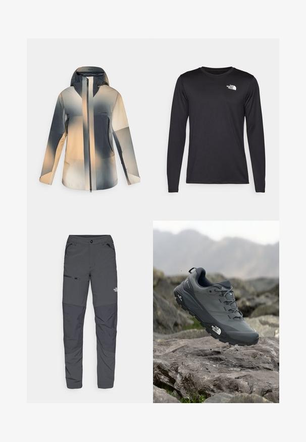 Veste d'extérieur à capuche avec fermeture éclair à l'avant, poches latérales zippées et blocs de couleurs dégradées dans des tons beige, gris et noir.; T-shirt de performance noir à manches longues en tissu léger, avec un logo blanc sur le haut à gauche de la poitrine. Texture lisse.; Pantalons d'extérieur gris avec une texture lisse, dotés d'une poche zippée sur le côté, de sections de genoux renforcés et d'un détail de logo subtil.; Chaussure de trail running grise avec un dessus texturé, semelle en caoutchouc durable et chaussure renforcée à l'avant. Comprend des lacets et un logo de la marque sur le côté.