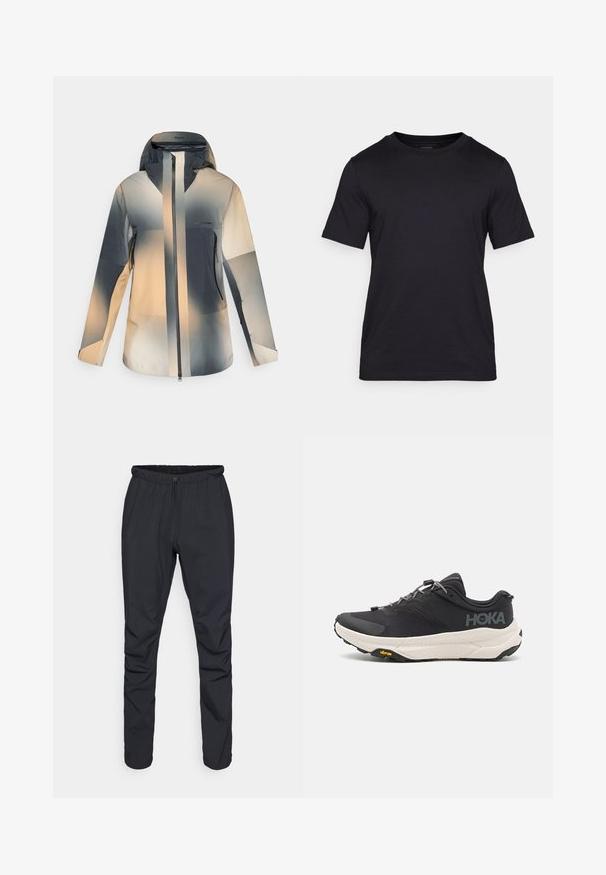 Hooded outdoor jacket with front zipper, zippered side pockets, and gradient color blocks in beige, gray, and black tones.; Black T-shirt made of smooth fabric, featuring a crew neckline and short sleeves. Subtle branding printed in black on the chest.; Black lightweight trousers with an elastic waistband, drawstring closure, and tapered legs. Made from water-resistant material with a smooth texture.; Black athletic shoe with a textured upper, grey accents, reflective details, and a thick white sole featuring Vibram branding.