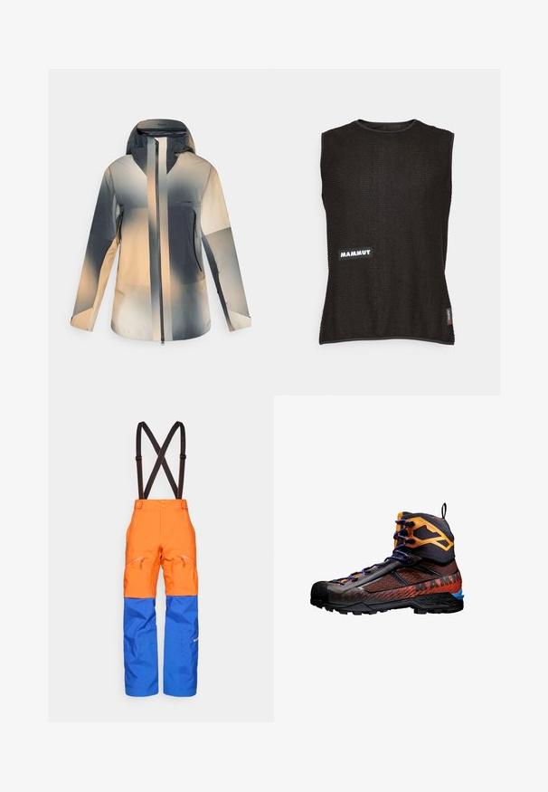 Hooded outdoorjack met een voorrits, ritszakken aan de zijkanten en een verloop van kleurblokken in beige, grijs en zwarte tinten.; Mouwloze zwarte top van textiel met een gestructureerd materiaal, voorzien van een witte "Mammut"-logo en een klein rood accentlabel aan de zijkant, met een ronde halslijn.; Oranje en blauwe waterdichte broeken met zwarte verstelbare bretels, voorzakken met rits en verstevigde knieën voor buitenactiviteiten.; Zwarte en oranje wandelboot van mesh en rubber materialen. Beschikt over blauwe accenten, textuurpatronen en een hoge enkelontwerp voor ondersteuning.