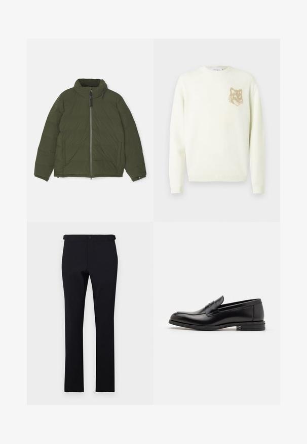 ASPESI POCOELASTICO - Doudoune - verde/green; Pull à col rond crème avec manches longues et petite tête de renard beige sur la poitrine gauche, poignets et ourlet côtelés.; Pantalon noir à jambes droites en tissu lisse. Doté d'une ceinture, d'une fermeture à bouton, et sans motifs ni accents visibles.; Mocassins en cuir noir avec une texture lisse, bout rond et une sangle décorative sur le dessus. Talon bas empilé, design minimaliste.