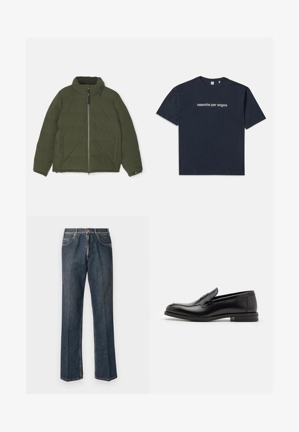 ASPESI POCOELASTICO - Doudoune - verde/green; T-shirt à manches courtes bleu marine avec le texte blanc "neanche per sogno" centré sur la poitrine, col rond, taille moyenne.; Jeans en denim droit bleu foncé avec un bouton à l'avant, une fermeture éclair, deux poches avant et des plis verticaux visibles le long des jambes.; Mocassins en cuir noir avec une texture lisse, bout rond et une sangle décorative sur le dessus. Talon bas empilé, design minimaliste.