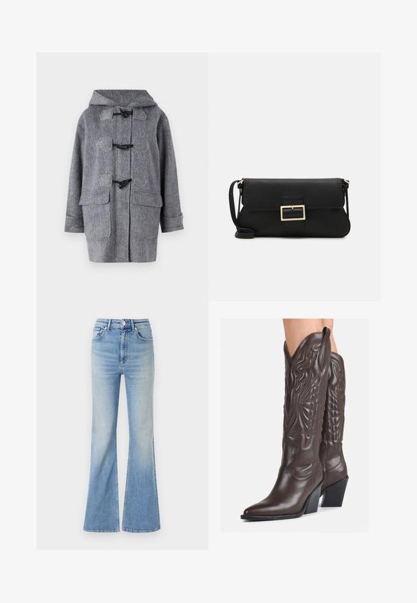Caban gri din lână cu glugă, dotat cu închizători tip toggle și buzunare mari în față. Textura este moale, iar materialul pare ușor texturat.; Top alb fără mâneci, confecționat din material ribbed, prezentând un decolteu rotund și o siluetă ajustată, cu cusături minime și fără ornamente.; Blugi evazați de culoare albastru deschis, confecționați din denim, cu talie înaltă, design cu cinci buzunare și o ușoară estompare a culorii spre tiv.; Bocanci de cowboy din piele maro, cu vârf ascuțit și toc pătrat, având cusături detaliate și accente ridicate pe tijă.; Geantă de mână din piele neagră, cu clapetă și un detaliu din metal auriu. Include o curea neagră și un design elegant, minimalist.
