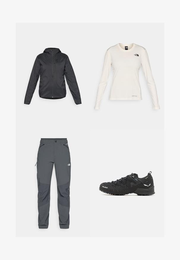 Črna lahka jakna s kapuco, z sprednjim zadrgo in dolgimi rokavi, izdelana iz gladkega, vodoodpornega materiala.; The North Face SHADOW LONG SLEEVE - Majica z dolgimi rokavi - white dune; Temno sivi zunanji hlače z ojačanimi koleni, zadrgo na stranskih in sprednjih žepih, gumbom za zapiranje ter logotipom The North Face na stegnu.; Črne pohodniške čevlje z teksturiranim zgornjim delom iz blaga, sistemom vezalk in trdnim gumijastim podplatom. Opremljeni so z odsevnimi detajli in logotipi.