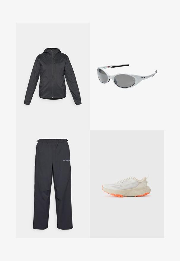 Casaco leve preto com capuz, apresentando um fecho frontal com zíper e mangas longas, feito de um tecido suave e resistente à água.; Camisola de treino preta feita de tecido leve. Apresenta um decote redondo, design de alças cruzadas e um pequeno logótipo branco na frente.; Calças de exterior pretas e leves, com um cós elástico, bolsos laterais e um logótipo na parte superior da perna direita. Tecido suave e resistente à água.; Sapatilha atlética cinza claro com parte superior em malha respirável, entressola texturizada em creme e sola exterior em borracha laranja brilhante. Apresenta design com atacadores e alça de puxar.; Óculos de sol de plástico branco com grandes lentes ovais, com tonalidade cinza. Possui apoios pretos nas orelhas e um pequeno logótipo na armação. Acabamento suave.; Mochila preta com um design aerodinâmico, tecido texturizado, alças ajustáveis e um proeminente logótipo prateado "SALOMON" na parte frontal.