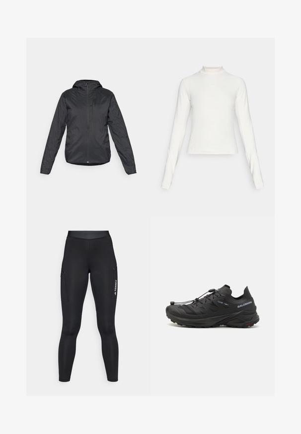 Mustan kevyt takki, jossa on huppu, etuvetoketju ja pitkät hihat, valmistettu sileästä, vedenpitävästä kankaasta.; Pitkähiha valkoinen urheilu paita, jossa on korkea kaulus ja pieni keskellä oleva logo rinnassa, esitetty yksinkertaisella taustalla.; Mustat urheilulegginsit, joissa on tiukka malli ja venyvä materiaali. Varustettu sivutaskuilla ja valkoisella "TERREX"-brändäyksellä.; Musta maastojuoksukengät, joissa on teksturoitu päällinen, verkkomaiset paneelit ja turvallinen kiinnitysjärjestelmä. Varustettu karkealla pohjalla pidon parantamiseksi.