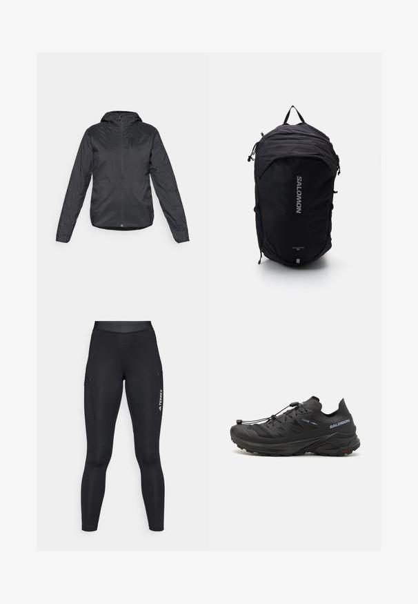Veste légère noire avec capuche, dotée d'une fermeture éclair à l'avant et de manches longues, fabriquée en tissu lisse et résistant à l'eau.; Haut de sport blanc à manches longues avec col montant et petit logo centré sur la poitrine, présenté sur fond uni.; Leggings de sport noirs au design ajusté, fabriqués en tissu extensible. Présentent des poches latérales et un logo "TERREX" blanc.; Chaussures de trail running noires avec une tige texturée, des panneaux en maille et un système de fixation sécurisé. Présentent une semelle extérieure robuste pour une meilleure traction.; Sac à dos noir au design épuré, en tissu texturé, avec des bretelles ajustables et un logo « SALOMON » en argent bien visible à l'avant.