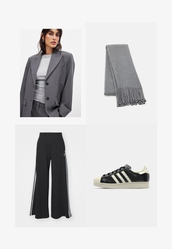 Halli hallide triibuline bleiser, millel on sisselõigatud kraed, kaks musta nööpi ja ees taskud, kombineeritud sobiva halli ümara kaelusega topiga.; Kaksik Eri pikkusega valge ja musta värvi pikkade varrukatega topsi. Ribikstruktuur, ümar kaelus, lihav disain, veidi laienevate varrukatega.; Mustad laiad trenni püksid elastse vöökohtaga, millel on valged küljeribad ja tikitud logo vasakul reiel.; Must have nahkased mustad tossud valgete triipudega, kummist varbakattega, mustade paeltega ja kreemika värvusega tallaga. Sile tekstuur ja läikiv viimistlus.; Hall hõbe villane sall pehme tekstuuriga, millel on äärised ja lihtne disain. Korralikult kokku volditud, rõhutades selle piklikku kuju.