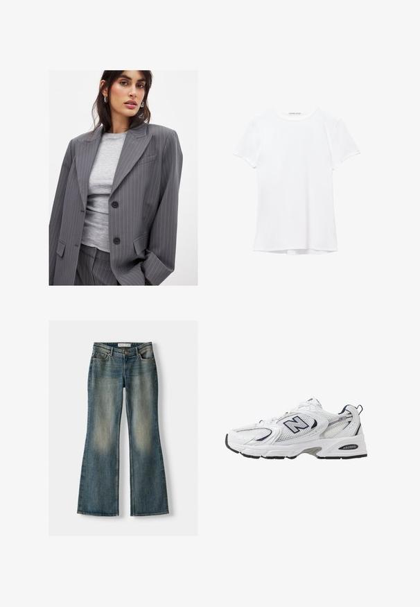 Grau gestreifter Blazer mit Reverskragen, zwei schwarzen Knöpfen und Vordertaschen, kombiniert mit einem taillierten grauen Rundhalsausschnitt-Oberteil.; Weißes T-Shirt mit kurzen Ärmeln aus glatter Stoffqualität, mit rundem Ausschnitt und dezenten Nähten am Saum.; Blaue Schlagjeans mit einem ausgewaschenen Look, fünf Taschen und einem Knopfverschluss. Das Material zeigt eine Denim-Textur mit dezenten Stickdetails.; Weißer Sportschuh mit Mesh-Obermaterial, navyblauen Akzenten und gepolsterter Sohle. Verfügt über das "N"-Logo, Schnürsenkel und eine strukturierte Detailverarbeitung an der Seite.