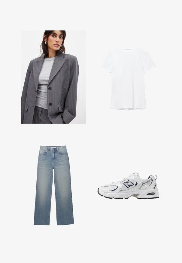 Szary żakiet w prążki z klapami w kształcie notcha, dwoma czarnymi guzikami i kieszeniami z przodu, skomponowany z dopasowanego szarego topu z okrągłym dekoltem.; Biały krótki rękaw t-shirt wykonany z gładkiego materiału, z okrągłym dekoltem i subtelnymi detalami szycia na dole.; Jasnoniebieskie jeansy o szerokich nogawkach, wykonane z dżinsu, z wysokim stanem, kieszeniami z przodu i zapięciem na guzik. Gładka tekstura z wyblakłymi miejscami.; Białe sportowe buty z siateczkową cholewką, granatowymi akcentami i wyściełaną podeszwą. Posiadają logo "N", sznurówki oraz teksturowany detal po boku.
