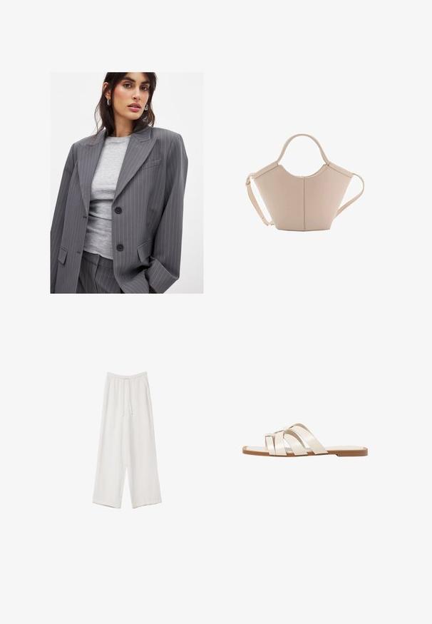 Sivý prúžkovaný blejzer s klopami, dvoma čiernymi gombíkmi a prednými vreckami, v kombinácii s priliehavým sivým topom s okrúhlym výstrihom.; Biela krátka T-shirt s voľným strihom a zlaceným textúrou v oblasti pása. Vyrobená z mäkkého, ľahkého materiálu.; Biele široké nohavice vyrobené z ľahkej tkaniny. Obsahujú elastický pás so sťahovacou šnúrkou a bočné vrecká. Hladká textúra.; Ploché sandále s hnedou gumovou podrážkou, navrhnuté s tromi prekrývajúcimi sa bielymi koženými popruhmi a malou mašličkou uprostred.; Béžová kožená kabelka s unikátnym tvarom, vybavená dvoma krátkymi uchami a jedným dlhým nastaviteľným popruhom. Hladký povrch s minimálnym kovovým príslušenstvom.