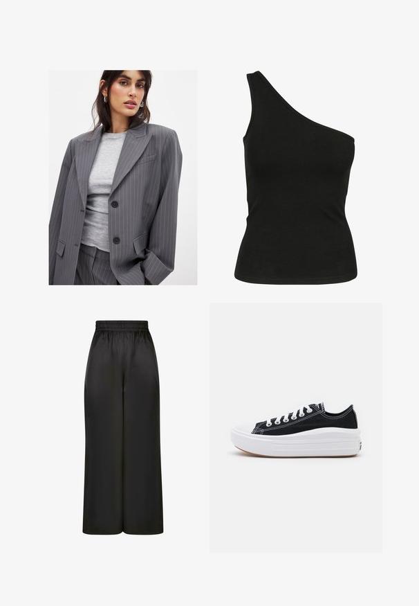 Pelēkas pinstrīpu žaketes ar apgrieztiem klaniem, divām melnām pogām un priekšējām kabatām, savienota ar pieguļošu pelēku apakšveļu ar round neck.; Melna topiņš ar vienu plecu, izgatavots no gludas auduma, ar pieguļošu siluetu un gludu, šūtu kakla izgriezumu. Nav redzamu rakstu vai akcentu.; Melni plaši bikses, izgatavotas no gludas, spīdīgas auduma, ar elastīgu jostu un bez redzamām kabatām vai aparatūras detaļām.; Melni kanvas sporta apavi ar baltām šņorēm, baltu gumijas purngalu un masīvu baltu zoli. Iezīmējas ar smalku baltu šuvumu un gumiju zoli.