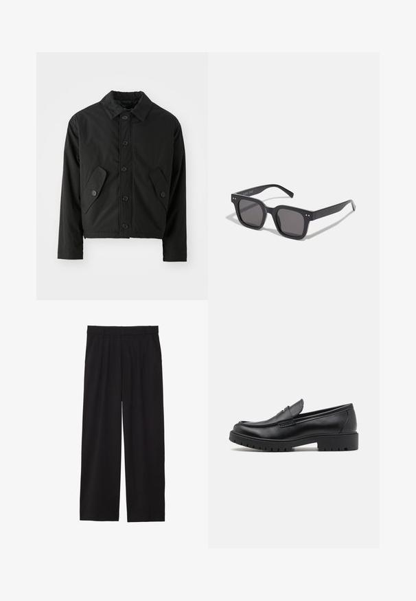 Black cropped jacket made of smooth fabric. Features a button-up front, pointed collar, and two angled pockets on the sides.; Gray pullover sweater with a high neck and long sleeves. Made from a smooth, soft material with a fitted design and ribbed accents at the hem.; Black wide-leg trousers with a pleated front, side pockets, and a smooth fabric texture. Designed for a relaxed fit.; Black leather loafers with a rounded toe, slip-on design, and thick rubber sole featuring a textured grip. Elevated heel and subtle stitching details.; Black rectangular sunglasses with dark lenses, featuring a thick frame, subtle accents on the sides, and no visible logos beyond the brand name.