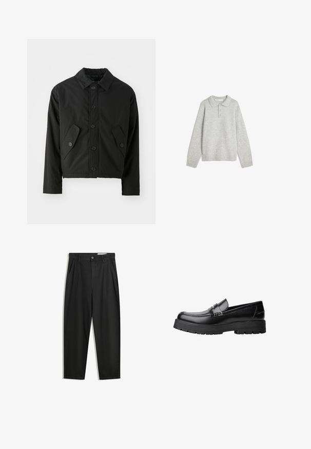 Black cropped jacket made of smooth fabric. Features a button-up front, pointed collar, and two angled pockets on the sides.; Gray knit pullover with a collared neck, three front buttons, and ribbed hem. Fabric appears soft and textured, with a relaxed fit.; Black cotton trousers with a relaxed fit, featuring a classic waistband, front pleats, and side pockets. Smooth texture without patterns.; Black leather loafer with chunky treaded sole and decorative strap across the upper, shown in left side profile on white background.