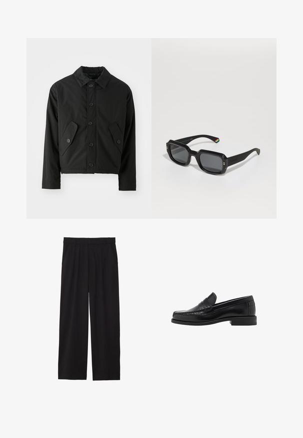 Giacca nera corta realizzata in tessuto liscio. Presenta una chiusura davanti con bottoni, colletto appuntito e due tasche angolate sui lati.; Maglione nero, scollo rotondo, maniche lunghe, polsini e orlo a coste, texture morbida, colore uniforme, design minimalista.; Pantaloni neri a gamba larga con frontale plissettato, tasche laterali e una texture di tessuto liscia. Progettati per un fit comodo.; Mocassini in pelle nera con una finitura liscia, dettagli cuciti sulla punta e un design a tacco basso per comfort e stile.; Occhiali da sole rettangolari neri con lenti scure, montatura spessa, dettagli dorati e una striscia arcobaleno sul braccio.