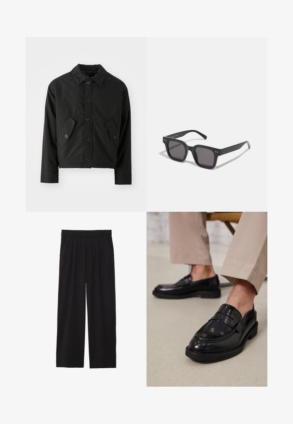 Veste noire courte en tissu lisse. Présente un devant à boutons, un col pointu et deux poches angulaires sur les côtés.; Chemise à manches courtes à carreaux bleu marine et blanc, dotée de deux poches poitrine, d'une fermeture par boutons et d'un col classique. Matériau en coton.; Pantalons larges noirs avec un devant plissé, des poches latérales et une texture de tissu lisse. Conçus pour un ajustement décontracté.; Mocassins en cuir noir avec une finition lisse, ornés d'une sangle décorative et de coutures contrastées, associés à un pantalon beige.; Lunettes de soleil noires rectangulaires avec des verres foncés, arborant une monture épaisse, des accents subtils sur les côtés et aucun logo visible en dehors du nom de la marque.