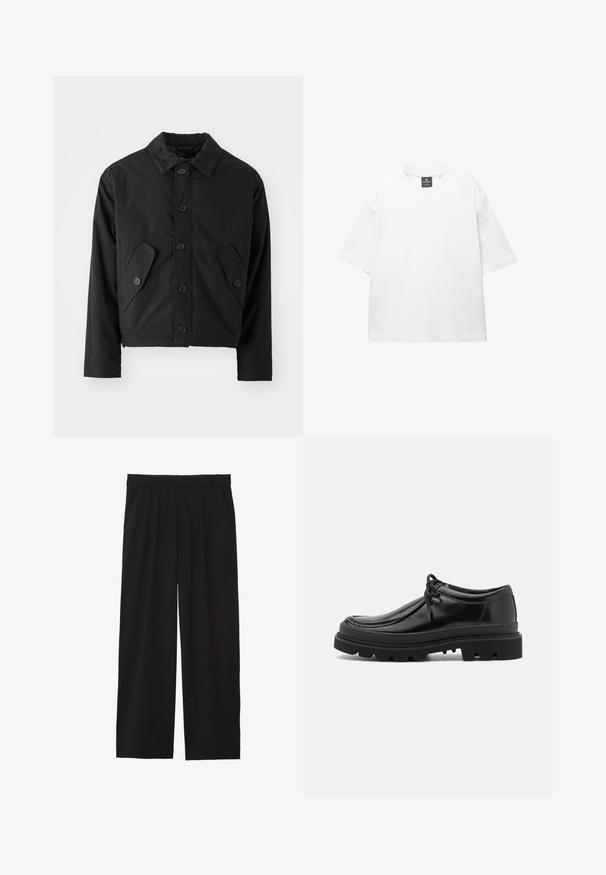 Schwarze cropped Jacke aus glattem Stoff. Verfügt über eine Knopfleiste, einen spitzen Kragen und zwei schräge Taschen an den Seiten.; Weißes T-Shirt mit kurzen Ärmeln aus Baumwolle, das über einen Rundhalsausschnitt und einen lockeren Schnitt mit geradem Saum verfügt. Keine Muster oder Verzierungen.; Schwarze, weite Hose mit gefälteltem Vorderteil, seitlichen Taschen und einer glatten Stoffstruktur. Entworfen für eine entspannte Passform.; Schwarze Leder-Derby-Schuhe mit einem eleganten Design, runder Zehenpartie und rutschfester Gummisohle mit tiefen Rillen für besseren Halt.