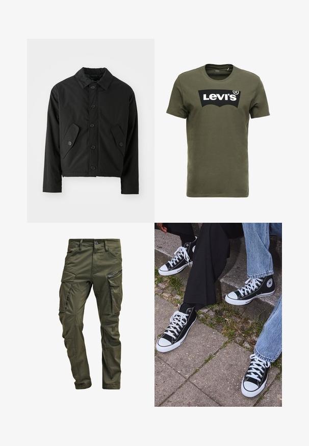 Veste noire courte en tissu lisse. Présente un devant à boutons, un col pointu et deux poches angulaires sur les côtés.; T-shirt en coton vert olive avec un grand logo noir Levi's sur le devant. Col rond classique et manches courtes, texture lisse.; Pantalons cargo vert olive en coton résistant. Dotés de plusieurs poches, d'une poche latérale zippée et de jambes fuselées avec une finition légèrement texturée.; Baskets montantes en toile noires avec semelles et lacets en caoutchouc blancs, arborant un logo circulaire sur le côté et associées à un jean et un pantalon noir.