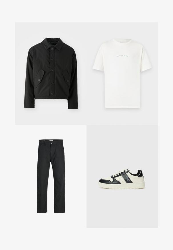 Giacca nera corta realizzata in tessuto liscio. Presenta una chiusura davanti con bottoni, colletto appuntito e due tasche angolate sui lati.; T-shirt bianco in cotone con maniche corte e colletto a girocollo. Il testo centrato recita "BENVENUTO IN PARADISO" in un font verde curvo.; Pantaloni neri realizzati in tessuto resistente, caratterizzati da un design a gamba dritta, dettagli cuciti e due tasche frontali per la funzionalità.; Sneakers in pelle con una combinazione di colori nero e crema, dotati di dettagli perforati, collare imbottito e suola testurizzata.