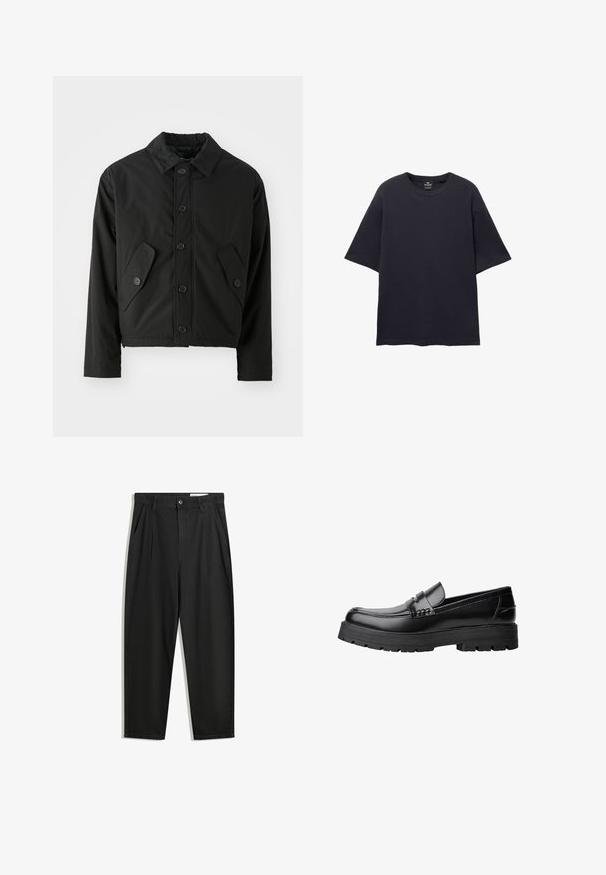 Fekete, görgetett dzseki sima anyagból. Gombos elülső része van, hegyes gallérral és két ferde zsebbel az oldalain.; PULL&BEAR SHORT SLEEVE TEXTURED WEAVE - Basic póló - dark blue; Fekete pamut nadrág laza szabással, klasszikus derékrésszel, elülső hajtásokkal és oldalsó zsebekkel. Simább textúra minta nélkül.; Fekete bőr loaferek vastag, bordázott talppal és díszcsíkkal az upper rész felett, bal oldali profilmódban, fehér háttér előtt.