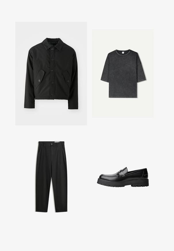 Black cropped jacket made of smooth fabric. Features a button-up front, pointed collar, and two angled pockets on the sides.; Oversized short-sleeve t-shirt in dark gray, made from cotton. Features a round neckline and visible stitching along the edges.; Black cotton trousers with a relaxed fit, featuring a classic waistband, front pleats, and side pockets. Smooth texture without patterns.; Black leather loafer with chunky treaded sole and decorative strap across the upper, shown in left side profile on white background.