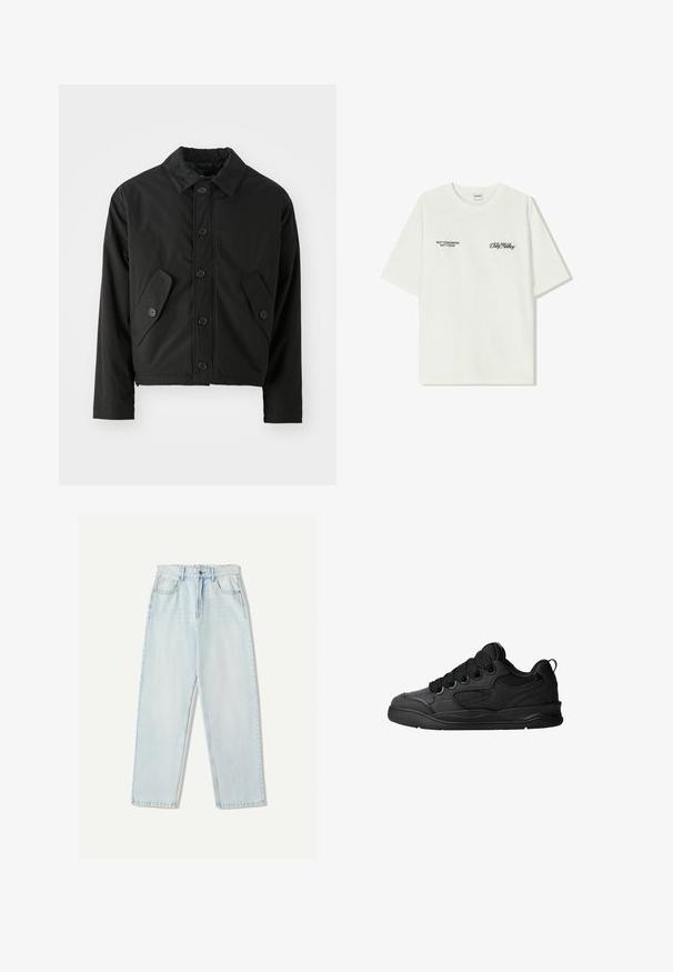 Črn skrajšan jopič iz gladkega tekstila. Ima sprednje zapenjanje na gumbe, usmerjen ovratnik in dva kotna žepa na straneh.; Bela bombažna majica s kratkimi rokavi. Na sprednji strani je črn napis: "NE JUTRI NE DANES" in "UMETNOST SVETOVANJA" v zeleni pisavi.; Svjetloplave traperice s ležernim krojem, ravnim nogavicama, dizajnom s pet džepova i suptilnim izblijedjenjem na tkanini.; Črne superge z teksturiranim zgornjim delom, opremljene z vezalkami, mrežastimi dodatki za zračnost, oblazinjenim ovratnikom in trdnim podplatom.