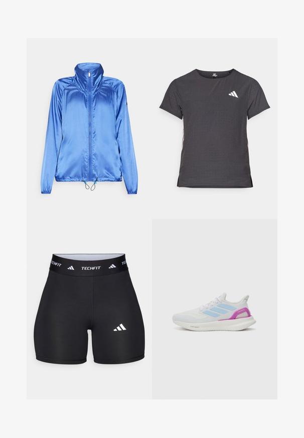 Plavi satenski sako s visokim ovratnikom, prednjim patentnim zatvaračem, elastičnim manžetama i podesivim širim rubom. Glatka tekstura i lagani dizajn.; Majica kratkih rukava za sport, tamno siva s perforiranim uzorkom. Ima bijeli logo i kontrastne bočne pruge. Zaobljeni izrez.; Crne kratke hlače izrađene od rastezljive tkanine s prilagođenim dizajnom. Imaju široki crni pojas sa oznakom "TECHFIT" i bijeli logo na nozi.; adidas Performance PUREBOOST 5 - Tenisice za cestovno trčanje - white/glow blue/purple burst