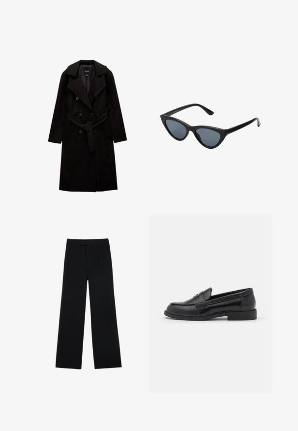 PULL&BEAR BASIC - Kišni ogrtač - black; Svijetloružičasti pleteni pulover dugih rukava s rebrastim manžetama, obrubom i okruglim izrezom, prikazan na bijeloj pozadini.; Crne široke hlače od glatke tkanine, s prednjim kopčanjem na gumb i dva pregiba za dodatne detalje. Ukupno krojenje.; Crne kožne mokasine s glatkom teksturom, zaobljenim vrhom, šivanim detaljima na gornjem dijelu i niskom, ravnom gumenom potplatu.; Crne mačke naočale sa tamnosivim lećama, elegantan plastični okvir, šiljati uglovi i ravne drške. Bez vidljivih metalnih dijelova ili detalja.