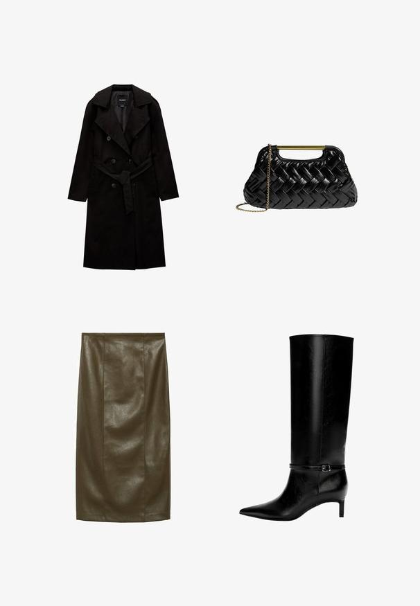 PULL&BEAR BASIC - Trenchcoat - black; Lace blouse in mauve met een gerimpelde halslijn, lange mouwen en een strik aan de voorkant; heeft uitlopende, gerimpelde manchetten.; Olijfgroene faux leren kokerrok met een gladde textuur, knielang, met verticale naden voor een op maat gemaakte uitstraling.; Zwarte leren laarzen tot de knie met een spitse neus en een kleine hak. Voorzien van een smalle band met een metalen gesp rond de enkel. Effen textuur.; Zwarte geweven leren handtas met een gouden metalen handvat en een afneembare kettingriem. Heeft een glanzende afwerking en een zachte, afgeronde vorm.