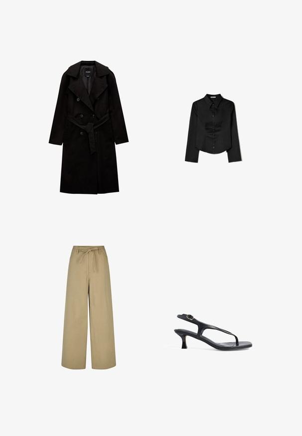 PULL&BEAR BASIC - Trench - black; Camicia nera a maniche lunghe realizzata in tessuto liscio, con colletto a punta, chiusura frontale con bottoni e orlo accorciato con slit laterali.; Pantaloni beige a gamba larga con vita alta, lacci da annodare e due tasche laterali, realizzati in un tessuto leggero e morbido.; Sandal in pelle nera con design sottile, cinghie sottili e un tacco piccolo. Presenta un accento con fibbia e una soletta liscia e texturizzata.