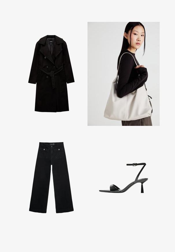 PULL&BEAR - Prochowiec; Ciemnoszara bluzka z długim rękawem wykonana z mieszanki bawełny. Prosty krój z okrągłym dekoltem i opuszczonymi ramionami, z widocznymi szwami.; Czarne, szerokie dżinsy z wysokim stanem, z dwoma przednimi kieszeniami i metalowymi guzikami. Tkanina ma gładką fakturę.; Bershka - Sandały na obcasie; Beżowa torebka wykonana z miękkiego materiału, charakteryzująca się luźnym fasonem, wyszywanymi detalami i dwoma uchwytami na ramię. Idealna na co dzień.