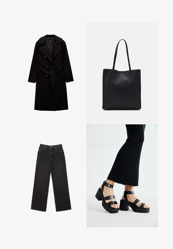 PULL&BEAR BASIC - Trenčkot - black; Černé bavlněné tričko s krátkým rukávem, na levém prsou s malou grafikou růžové motýlky. Design s kruhovým výstřihem a volným střihem.; Černé široké džíny vyrobené z denimu, s malými tečkovanými vzory, klasickým pětikapsovým designem a zapínáním na knoflík a zip.; Černé platformové sandály s robustními podrážkami a několika řemínky, s kovovými sponami a hladkým koženkovým povrchem.; Černá kožená taška přes rameno s hladkým povrchem, obdélníkovým tvarem a dvěma dlouhými uchy. Žádné viditelné kování ani ozdoby.