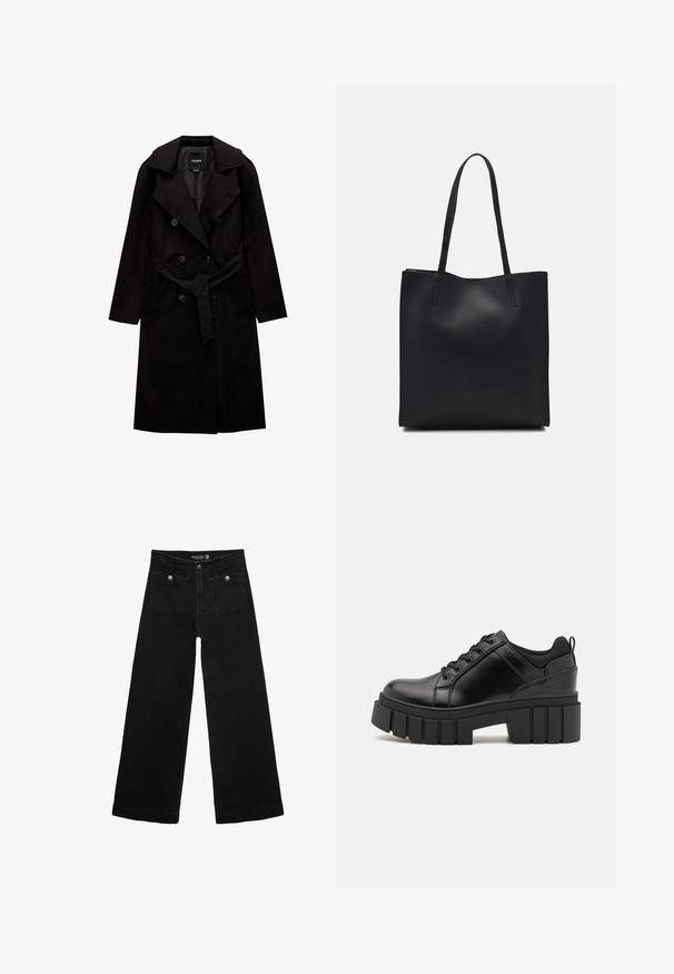 PULL&BEAR BASIC  - Trenchcoat - black; Schwarzes Baumwoll-T-Shirt mit kurzen Ärmeln, das ein kleines pinkes Schmetterlingsmotiv auf der linken Brust zeigt. Crewneck-Design mit einem entspannten Schnitt.; Schwarze, weit geschnittene Jeans mit hoher Taille, die zwei Fronttaschen und metallene Knopfakzente aufweist. Der Stoff hat eine glatte Textur.; Schwarze Lederplateauschuhe mit klobigem Blockabsatz, runder Zehenpartie und traditionellem Schnürdesign. Verfügt über eine glatte Textur und minimale Details.; Schwarze Laptoptasche aus Leder mit glatter Textur, rechteckiger Form und zwei langen Griffen. Keine sichtbaren Beschläge oder Verzierungen.