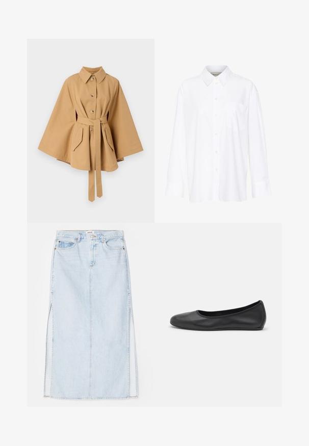 Rodebjer RACHEL TRENCH - Trenchcoat - khaki; Hvid langærmet skjorte med krave lavet af bomuld. Har en knaplukning fortil og en enkelt brystlomme. Glat tekstur, afslappet pasform.; Lyseblå denim maxi nederdel med lige snit, der har sideslidser og fem-lomme design. Fremtrædende syninger og metalknaplukning.; Sort læderballetsko med rund tå, glat tekstur, minimal syning og et fleksibelt såldesign.