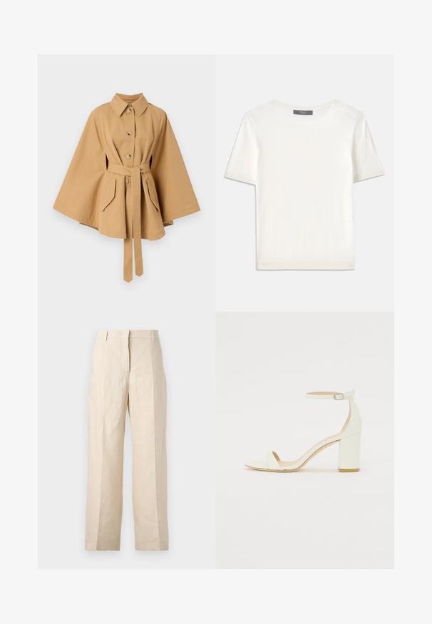 Rodebjer RACHEL TRENCH - Trenchcoat - khaki; Weißes kurzärmliges Strickoberteil mit rundem Halsausschnitt, das eine glatte Textur und subtile Rippakzente an den Ärmeln und dem Saum aufweist.; Beige Leinenhosen mit einer lockeren Passform, gefältelter Vorderseite und geraden Beinen. Besitzt einen Bund mit Gürtelschlaufen und keine sichtbaren Taschen.; Weißes Leder-Sandale mit Blockabsatz, die ein Knöchelriemen mit einer Schnalle und ein minimalistisches Design aufweist. Offene Zehen und glatte Texturen im gesamten Design.