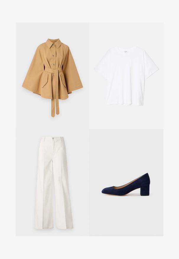 Rodebjer RACHEL TRENCH - Trenchcoat - khaki; White cotton t-shirt with short sleeves, round neckline, relaxed fit, and stitched hem. Label visible on the inside neck.; White wide-leg trousers made from cotton with a smooth texture. Features a front button, zipper fly, and four-pocket design.; Navy blue suede pump with a pointed toe and a mid-height block heel. Smooth texture with a subtle sheen and a small cutout at the front.