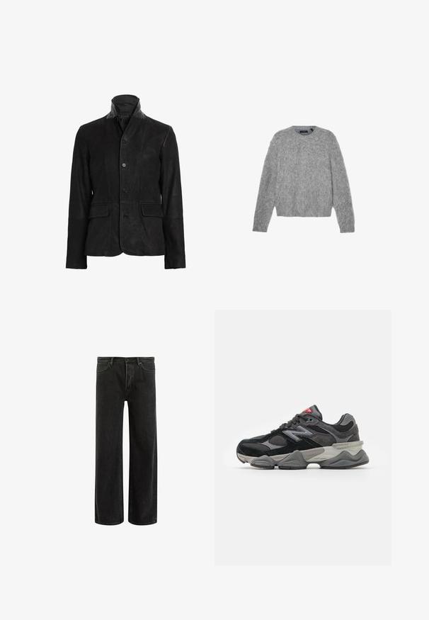 Giubbotto di pelle nera con colletto alto, chiusura con bottoni, due tasche frontali e finitura testurizzata. Presenta accenti sulle spalle lisci.; Maglione grigio a maniche lunghe realizzato in materiale soffice, con scollatura rotonda e taglio cropped. Texture liscia con un aspetto morbido e leggero.; T-shirt in cotone verde con maniche corte, colletto a girocollo rib ribattuto e logo Nike ricamato sul petto. Tessuto liscio e vestibilità rilassata.; Jeans wide-leg in denim nero con vita alta, caratterizzati da un classico design a cinque tasche e da un leggero sbiadimento per un aspetto testurizzato.; Sneaker nera e grigia con un mix di materiali in suede e mesh, suola spessa, logo prominente e accento rosso sulla linguetta.