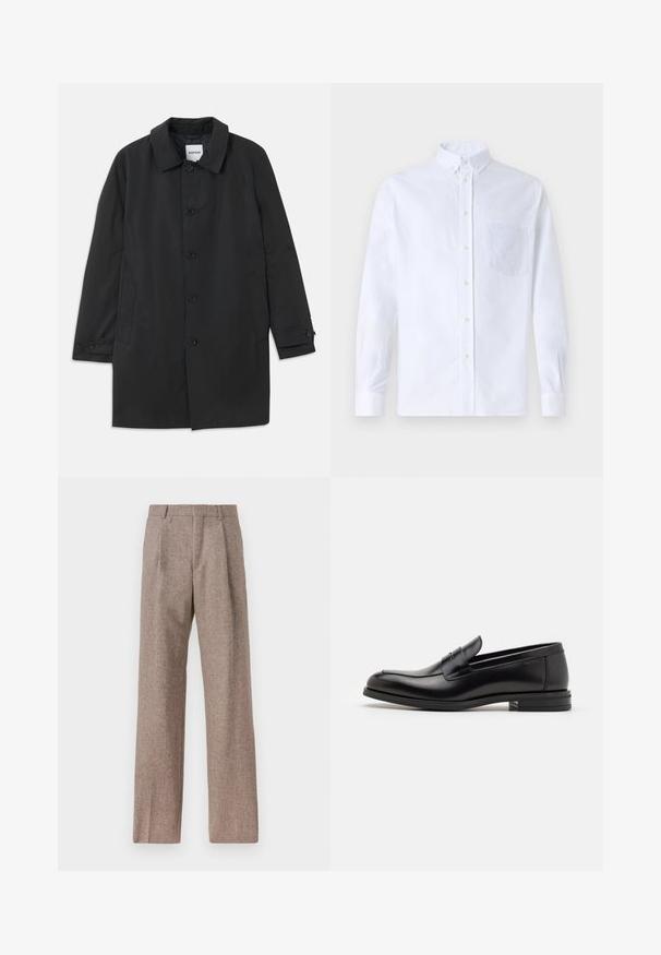 Črn plašč iz gladkega blaga, z klasičnim ovratnikom in šestimi gumbi. Vsebuje stranske žepe in uparjene manšete.; Bela dolgo rukava srajca s kragnico, izdelana iz bombaža, z žepom na prsih in toniranimi vezeninami ter gumbi na manšetah.; Rjave hlače z visokim pasom, izdelane iz teksturirane tkanine. Imajo široke noge in dve sprednji pregibi za strukturo. Urejen zaključek brez vidne strojne opreme.; Črne usnjene loafer čevlje z gladko teksturo, zaobljenim nosom in dekorativnim trakom čez zgornji del. Nizka zložena peta, minimalističen dizajn.