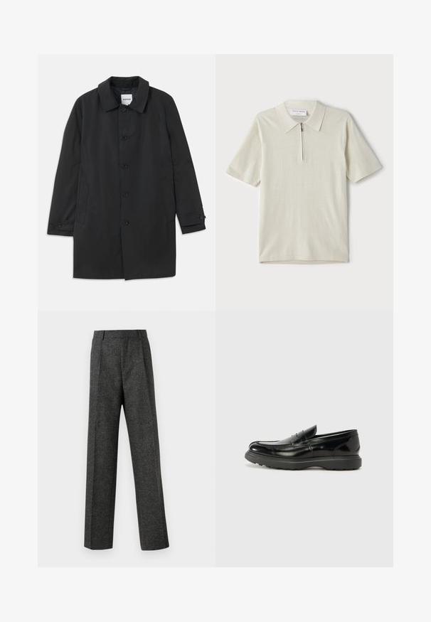 Cămașă neagră dintr-un material neted, cu un guler clasic și șase nasturi. Include buzunare laterale și manșete cu nasturi.; Tricou polo cu mânecă scurtă, de culoare bej deschis, cu guler cu fermoar. Confecționat dintr-un material fin, are un design simplu și modern, fără modele.; Pantaloni gri ajustați din țesătură texturată, prezentând două pliere frontale și un design drept. Fără buzunare vizibile sau ornamente.; Mocasin din piele neagră cu o finisare lucioasă, vârf rotunjit, detalii de cusătură subtile și o talpă groasă din cauciuc pentru durabilitate.