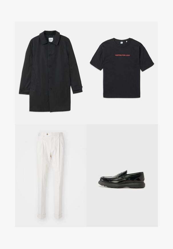 Black coat made of smooth fabric, featuring a classic collar and six buttons. Includes side pockets and buttoned cuffs.; Black cotton t-shirt with short sleeves, featuring red text "HUNTING FOR LOVE" embroidered across the chest. Simple and relaxed fit.; White, tailored trousers with a flat front, two pleats, and rolled cuffs. Made of a smooth fabric with a button closure at the waist.; Black leather loafer with a glossy finish, rounded toe, subtle stitching details, and a thick rubber sole for durability.