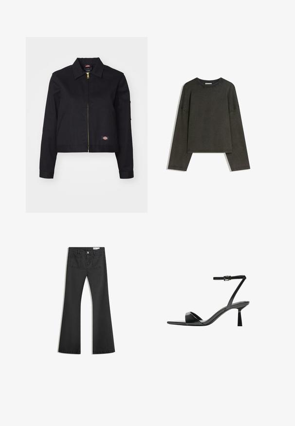 Crni skraćeni kaput od čvrstog materijala, s prednjim zatvaračem, bočnim džepovima i malim logotipom na lijevoj strani.; Tamna siva majica dugih rukava izrađena od pamuka i elastina. Kutni kroj s okruglim izrezom i spuštenim ramenima, s vidljivim šavovima.; Crne široke traperice od denima s glatkom teksturom, s dva stražnja džepa i kopčanjem na dugme u struku.; Bershka Sandale s visokom petom - black