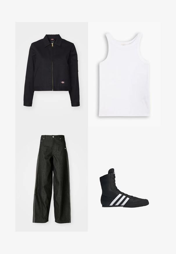 Czarna krótka kurtka wykonana z solidnego materiału, z zamkiem błyskawicznym z przodu, kieszeniami po bokach oraz małą naszywką z logiem po lewej stronie.; Biała bawełniana koszulka na ramiączkach z szerokimi paskami, okrągłym dekoltem i gładką, prążkowaną strukturą. Brak wzorów i akcentów.; Czarne dżinsowe spodnie typu wide-leg z białymi bocznymi paskami, wyposażone w przednie kieszenie, zapinane na guzik i z subtelnym logo w pobliżu pasa.; Czarne, wysokie buty sportowe z teksturowanej tkaniny, z trzema białymi paskami i sznurowanym przodem. Płaska gumowa podeszwa na dole.