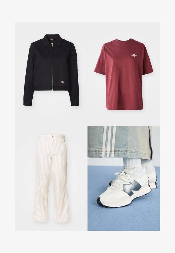 Črna krajša jakna iz trpežnega materiala, ki ima sprednji zadrgo, stranske žepe in majhno oznako na levi strani.; Bordo bombažna majica s krojem na vratu, kratkimi rokavi in majhnim belim logotipom na levem prsnem predelu. Gladek material, sproščen kroj.; Široke hlače iz kremaste tkanine z tankimi rdečimi navpičnimi črtami. Imajo zapiranje na gumb in sprednje žepe, gladka tekstura.; Bele športne superge z srebrnim akcentom, teksturirano blago in gladko usnje; z črnim gumijastim podplatom in vezalkami.