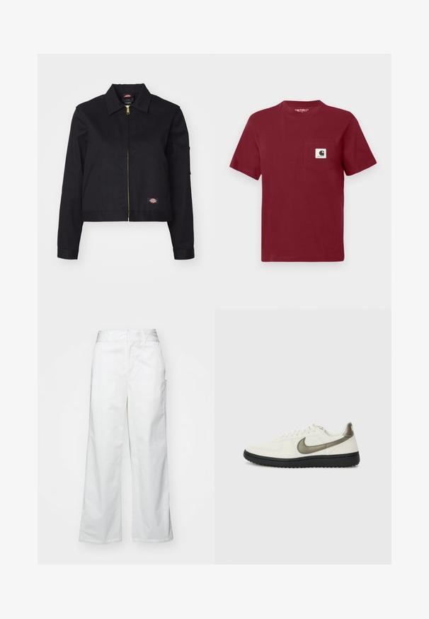 Black cropped jacket made of sturdy fabric, featuring a front zipper, side pockets, and a small logo patch on the left side.; Red short-sleeve t-shirt made of cotton, featuring a left chest pocket with a white logo patch. Rounded neckline, casual fit.; White wide-leg trousers made from cotton, featuring a smooth texture, straight fit, front pockets, and a clean hem.; Nike Sportswear FIELD GENERAL - Trainers - off-white/black