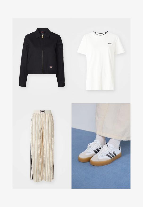 Must teenär liibuv must jope, millel on vastupidav kangas, ees on lukuga sulgur, külgedel taskud ja väike logopatch vasakul küljel.; Valge puuvillasest t-särgist lühikeste varrukatega ja ümarate kaelustega. Rinnal on must Adidas'i logo ning kontrastne must sisekaelus.; Kreemivärvilised lai säärega püksid, millel on siksakmustrit, must logoga vööp ja külgmised mustad triibud. Kerge, tekstureeritud kangas.; Valged tossud mustade triipudega ja beeži nahaga aktsentidega. Omavad tekstuuriga kummist talla ja lamedaid valgeid paelu, kantud heledate sokkidega.