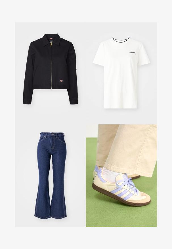 Juoda trumpa striukė, pagaminta iš tvirto audinio, su priekine užtrauktuke, šoniniais kišenėmis ir mažą logotipo etikete kairėje pusėje.; Balta medvilnė marškinėliai su trumpomis rankovėmis ir apvalia iškirpte. Ant krūtinės yra juodas Adidas logotipas, o vidinė apykaklė yra kontrastinga juoda.; Tamsiai mėlynos platėjančios džinsai, pagaminti iš džinsinio audinio, turintys aukštą liemenį, priekinį mygtuko užsegimą ir kontrastingas baltas siūles palei siūles.; Kreminės ir levandų spalvos sportbačiai su trims juostelėmis ir tekstūruota ruda padais, su raišteliais ir paminkštintu kulnu. Minkšta medžiaginė viršutinė dalis.