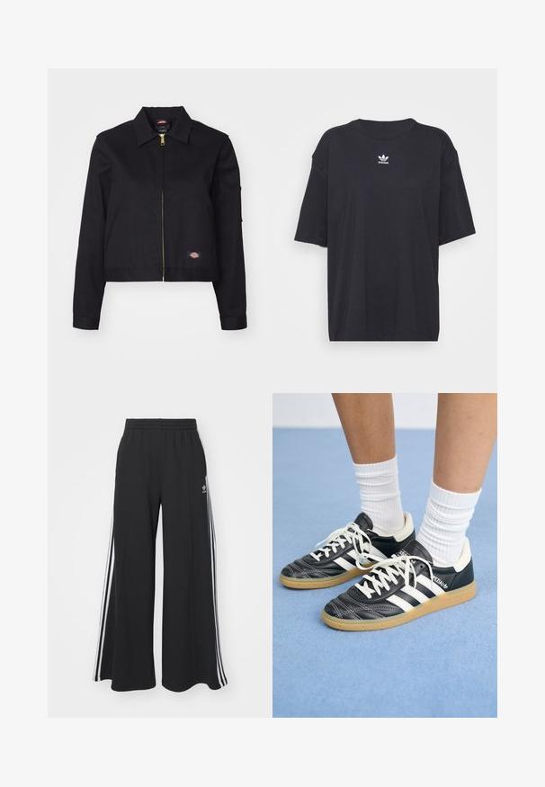 Musta lyhyt takki, joka on valmistettu kestävistä materiaaleista, edessä vetoketjulla, sivutaskuilla ja pienellä logopatchilla vasemmalla puolella.; Musta puuvillapaita lyhyillä hihoilla, pyöreä pääntie, jossa on valkoinen Adidas-logo rinnassa. Yksinkertainen muotoilu, rento istuvuus.; Mustat löysät verkkarit, joissa on joustava vyötärö, valkoiset sivuraidat ja brodeerattu logo vasemmassa reidessä.; Mustat nahkasneakerit valkoisilla raidoilla, pyöreä kärki, valkoiset nauhat ja kumipohja. Korostaa pehmustettua kaulusta ja brändäysohjeita.