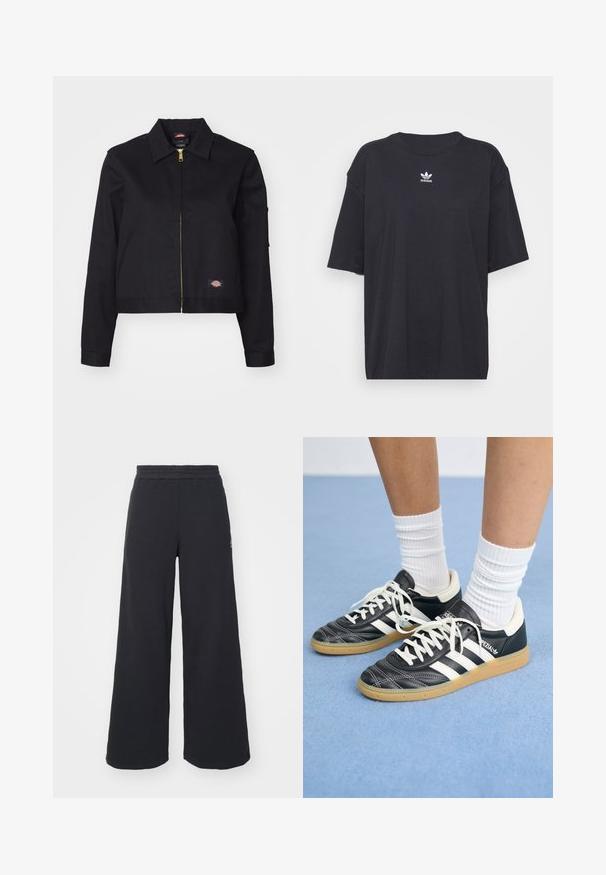 Fekete cropped dzseki strapabíró anyagból, elülső cipzárral, oldalsó zsebekkel és egy kis logóval a bal oldalon.; Fekete pamut póló rövid ujjakkal, kerek nyakkivágással, mellkason fehér Adidas logóval. Egyszerű dizájn, laza fazon.; Fekete, bő szárú melegítőnadrág, puha anyagból készült, rugalmas derékkal és egy kis logóval a bal oldalon.; Fekete bőr sportcipők fehér csíkokkal, kerek orral, fehér fűzővel és gumírozott talppal. Párnázott bokarész és márkajelzések emelik ki.