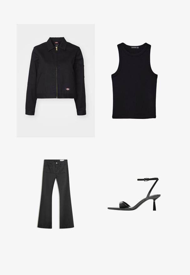 Čierna krátka bunda vyrobená z pevnej tkaniny, s predným zipsom, bočnými vreckami a malou nášivkou s logom na ľavej strane.; Čierny tank top vyrobený z bavlny, s okrúhlym výstrihom a širokými ramienkami. Hladká textúra so zošitými okrajmi. Klasický, minimalistický dizajn.; Čierne rozšírené džínsy vyrobené z denimu s hladkou textúrou, obsahujúce dve zadné vrecká a zapínanie na gombík v páse.; Bershka Sandále na vysokom opätku - black