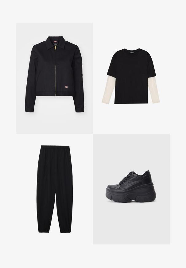Svart kort jakke laget av slitesterk stoff, med frontglidelås, sidelommer og et lite logo-patch på venstre side.; Svart T-skjorte laget av bomull, med korte ermer over et hvitt langermet lag med en subtil teksturert mønster. Rund hals design.; Svarte, lette bukser med elastisk liv og rynkede ankler. Stoffet er glatt og har en avslappet, innsvingt design.; Sorte snøresko med tykk såle, med et glatt læroverdel, rund tå og distinkt lagdelt plattformdesign.